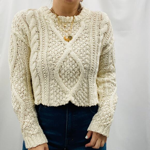 Free People XS ivory white cable knit distressed hem sweater - Picture 3 of 6